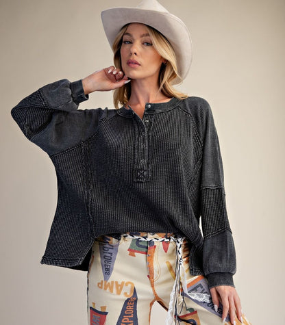 Easel Black Thermal Henley Top