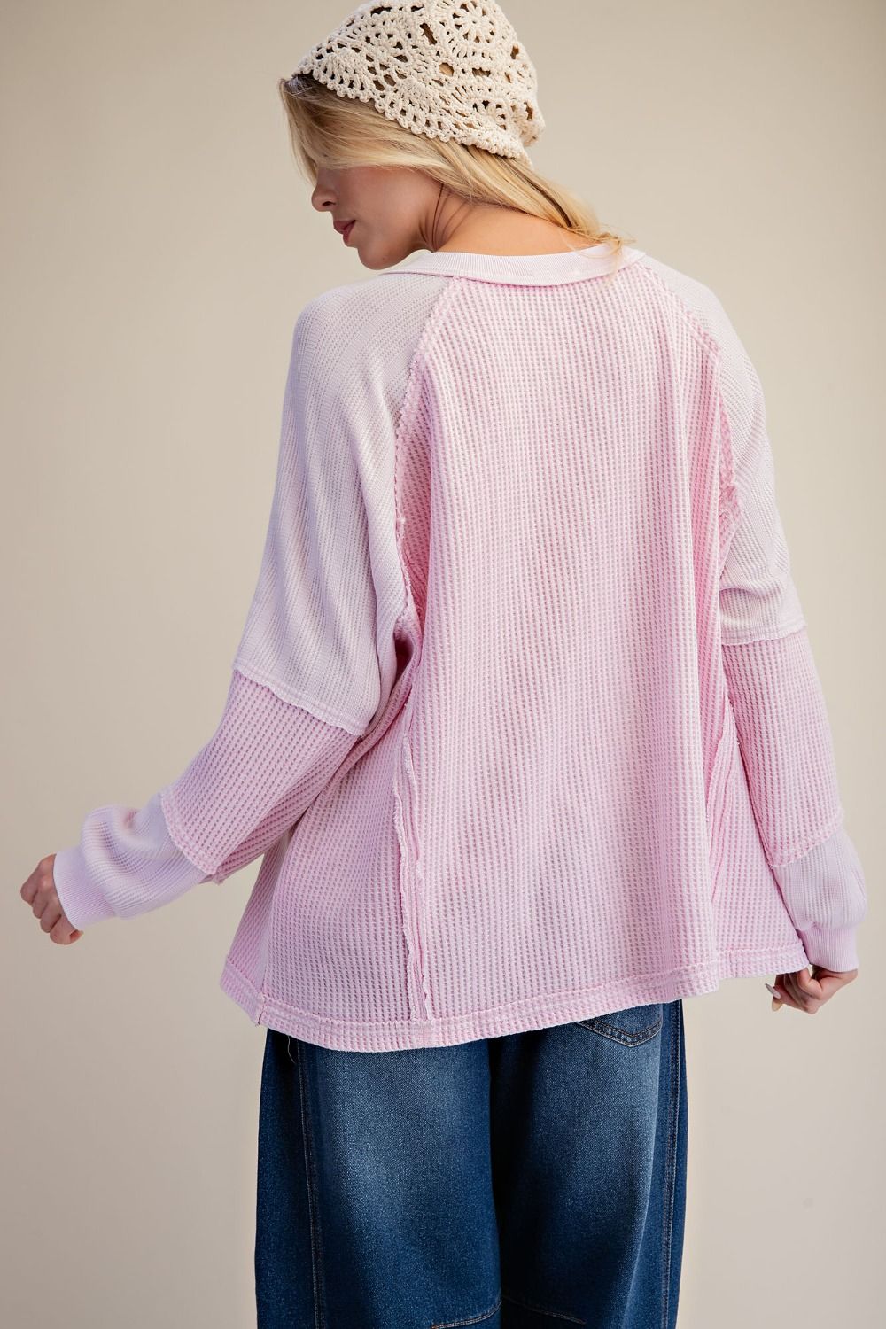 Easel Cotton Pink Thermal Henley Top