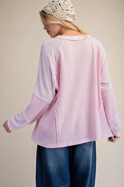 Easel Cotton Pink Thermal Henley Top