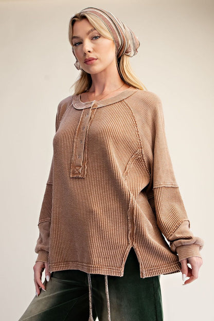 Easel Mocha Thermal Henley Top