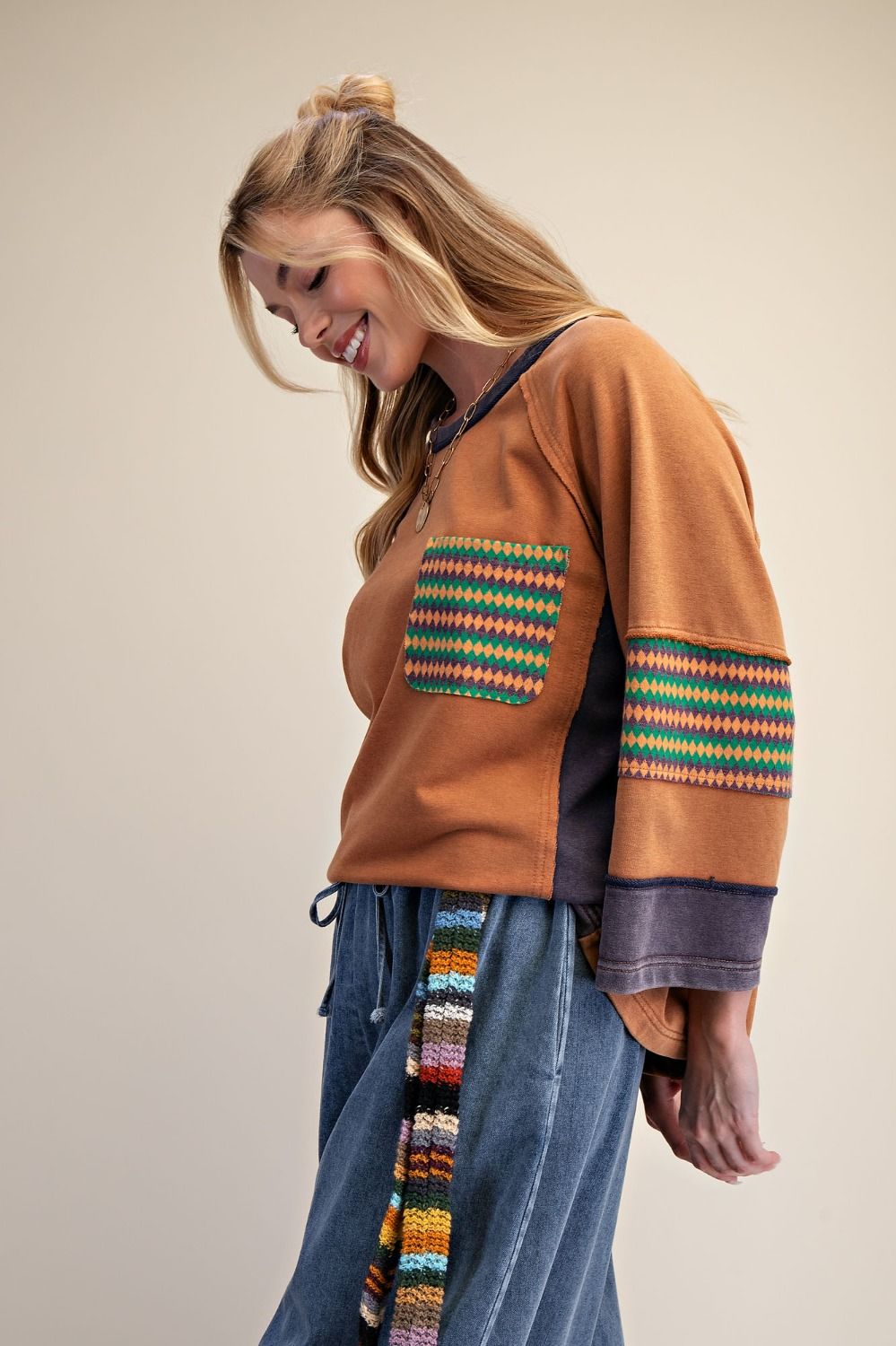 Easel Camel Ethnic Print Boxy Top