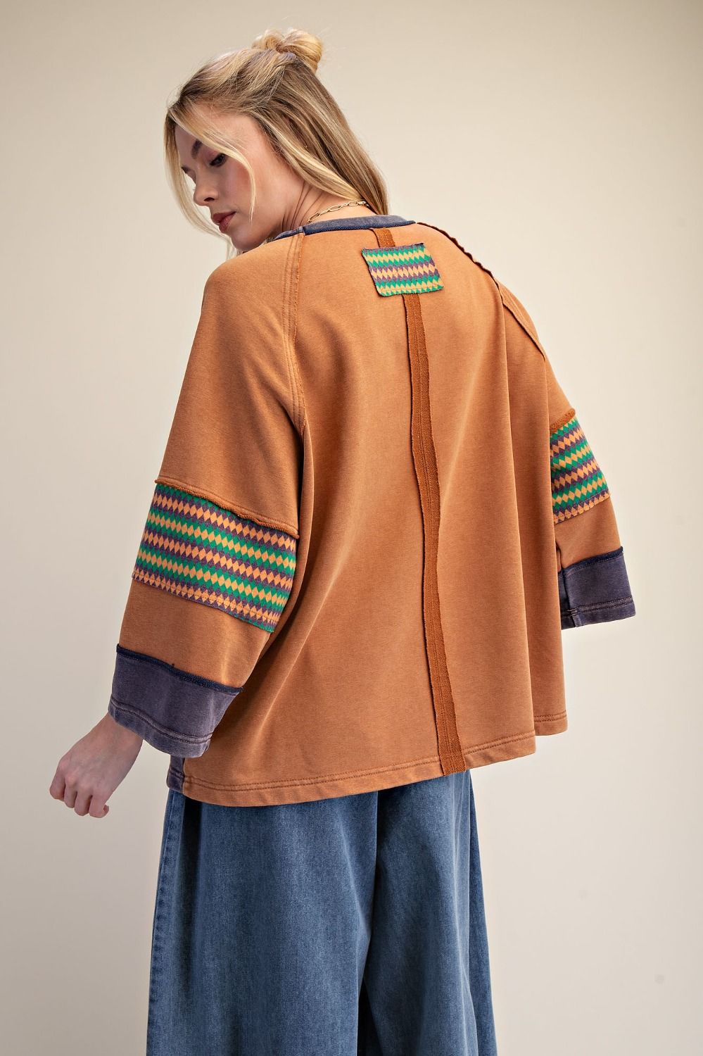Easel Camel Ethnic Print Boxy Top