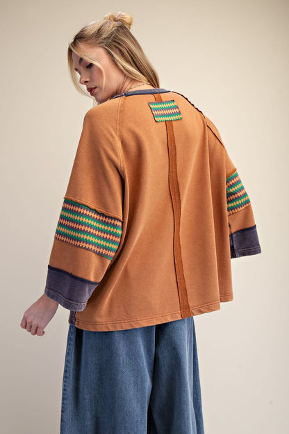 Easel Camel Ethnic Print Boxy Top