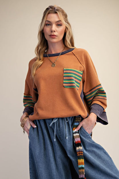 Easel Camel Ethnic Print Boxy Top