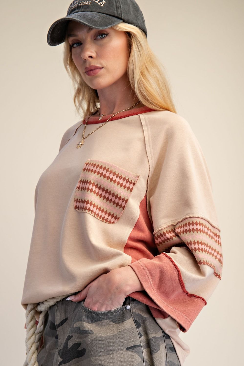 Easel Latte Ethnic Print Boxy Top