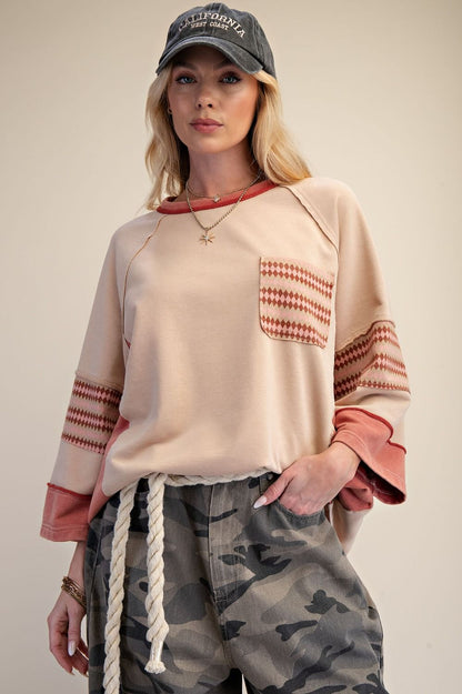 Easel Latte Ethnic Print Boxy Top