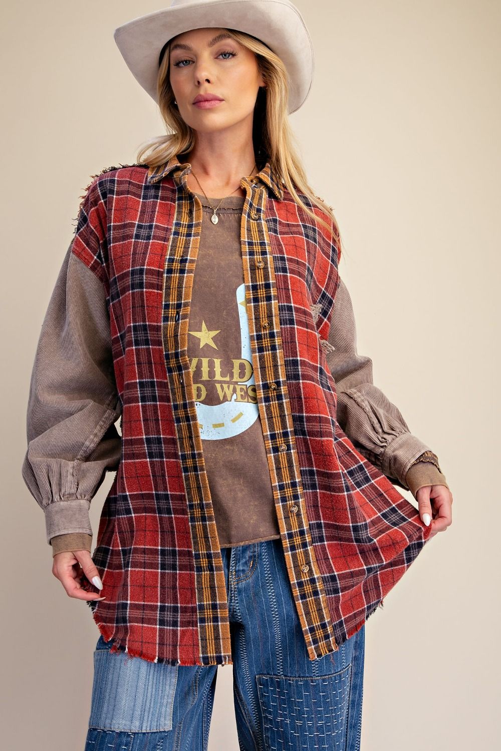Easel Rust Wine Star Patch Flannel Shirt