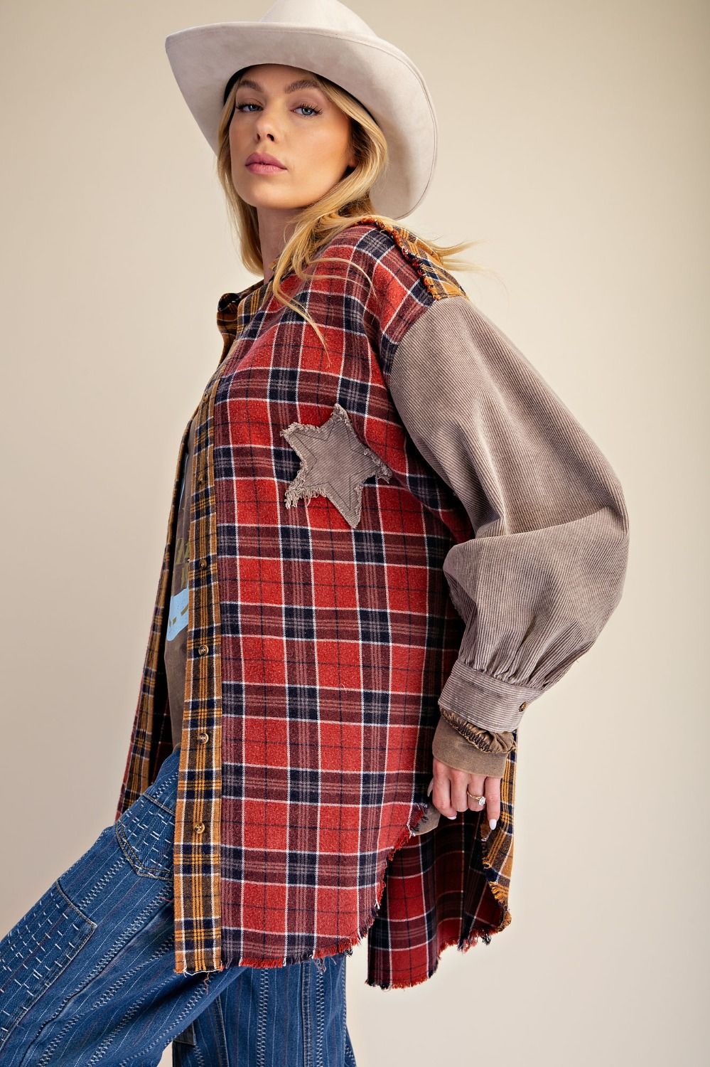 Easel Rust Wine Star Patch Flannel Shirt