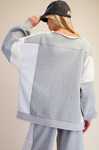 Easel Heather Grey Crochet Mix Knit Top