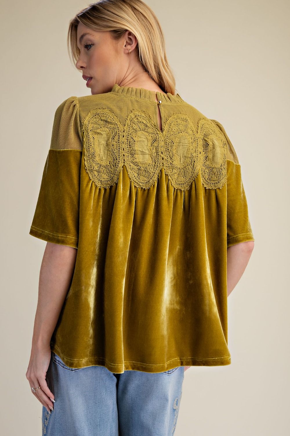 Easel Matcha Half Sleeve Crochet Velvet Top