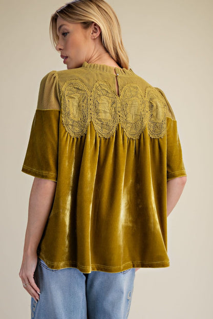 Easel Matcha Half Sleeve Crochet Velvet Top