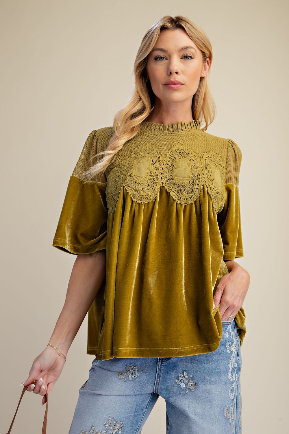Easel Matcha Half Sleeve Crochet Velvet Top