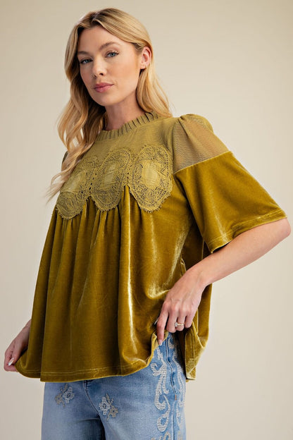 Easel Matcha Half Sleeve Crochet Velvet Top