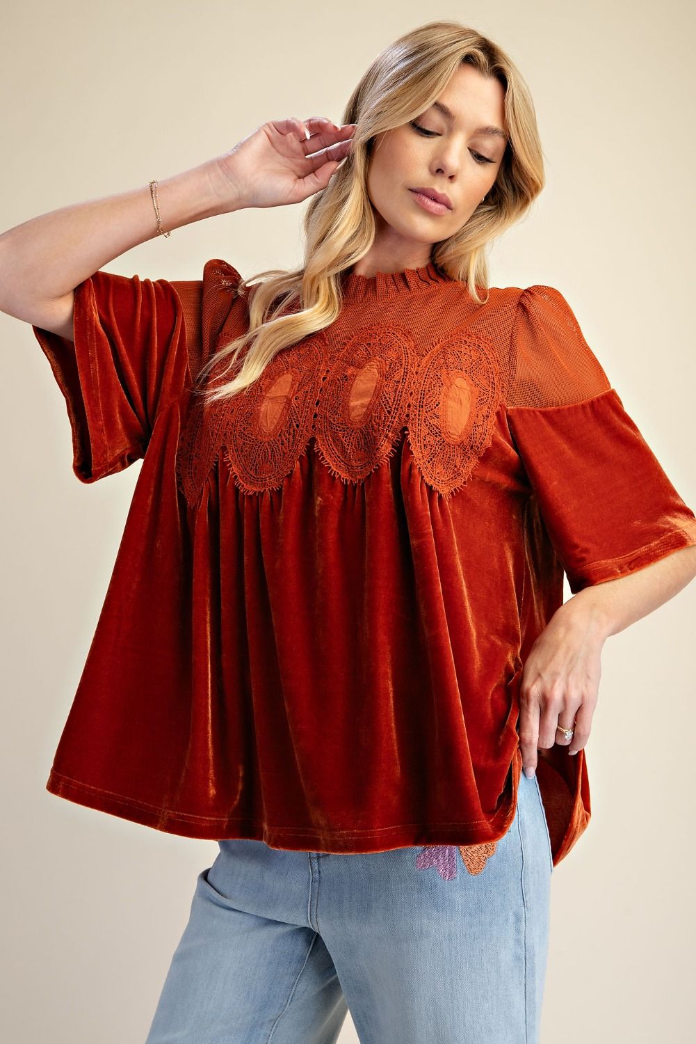 Easel Rust Half Sleeve Crochet Velvet Top