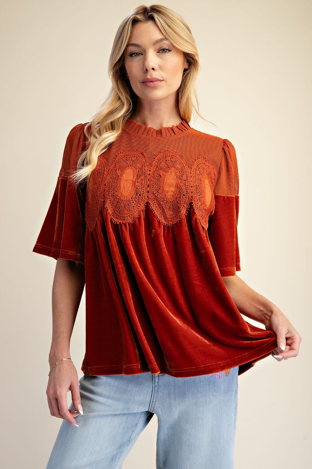 Easel Rust Half Sleeve Crochet Velvet Top