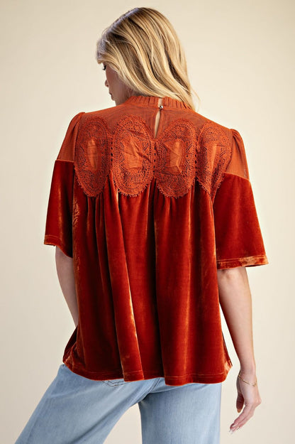 Easel Rust Half Sleeve Crochet Velvet Top