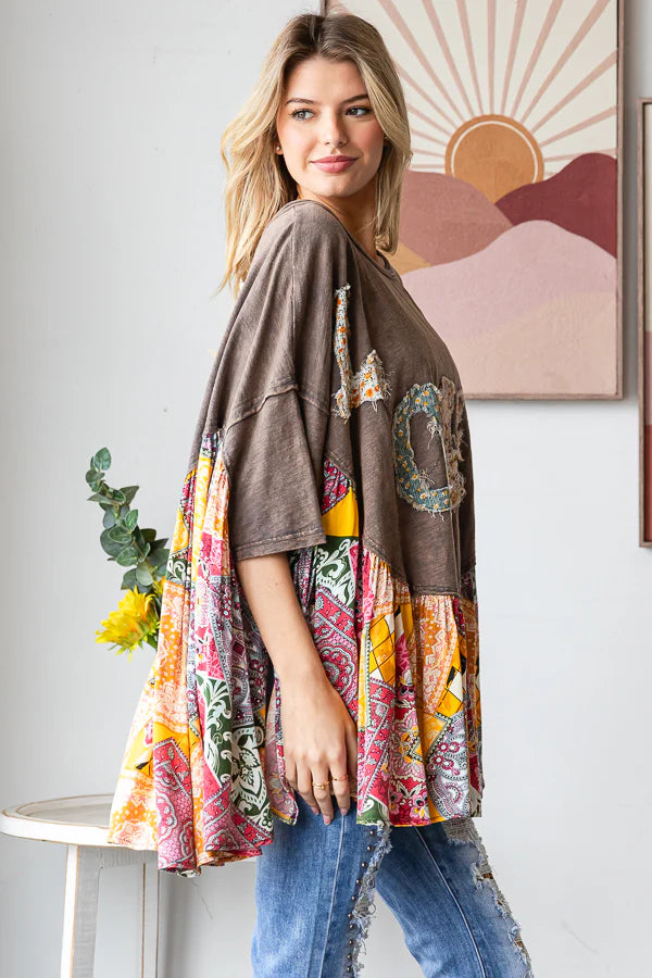 Round Neck Love Patchwork Ruffle Hem Top Oli & Hali Charcoal