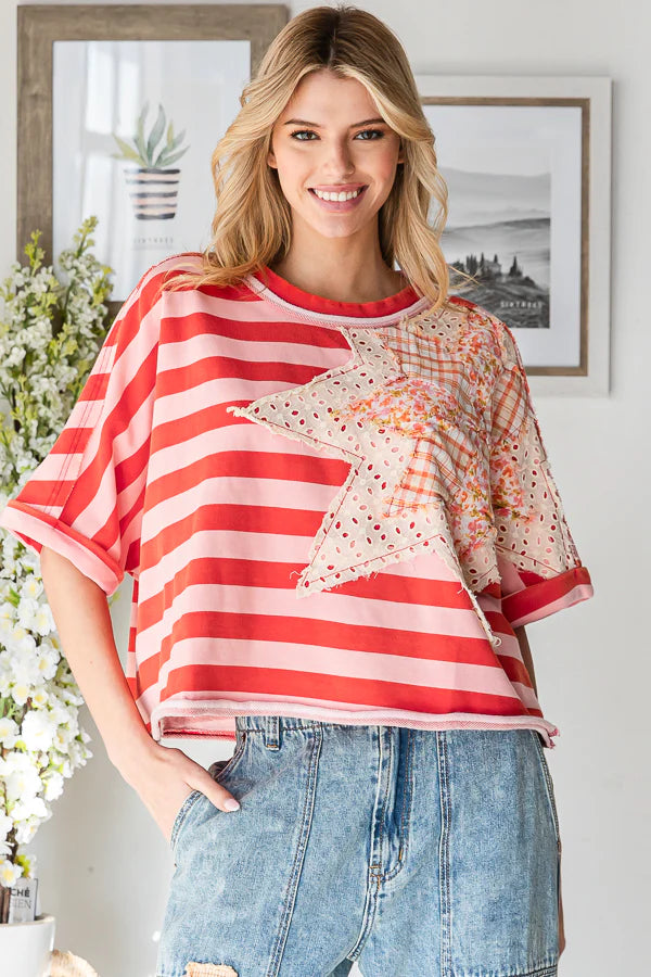 Oli & Hali Red and Pink Stripe Star Patch Top