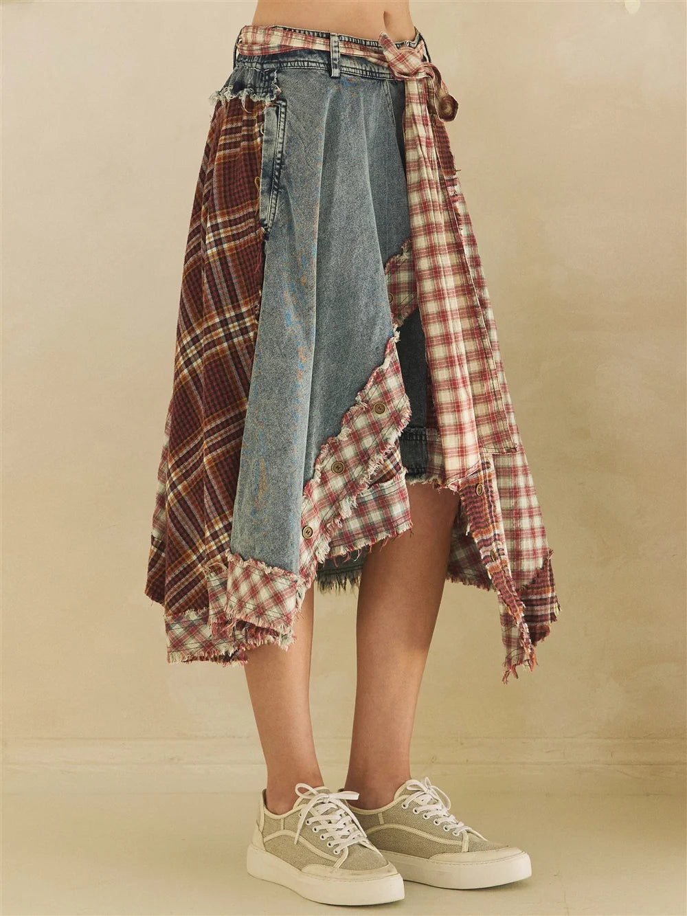 Oli & Hali Red Asymmetric Draped Plaid Skirt
