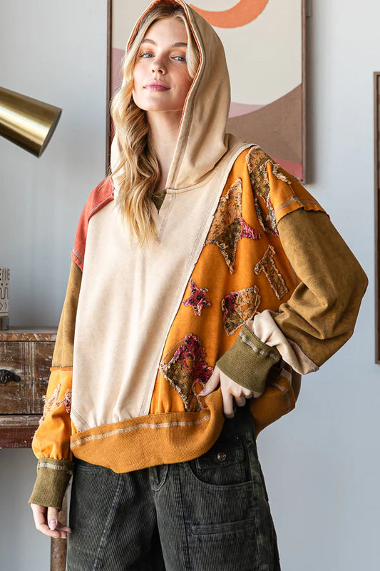 Colorblock Patchwork Hooded Pullover Top Camel