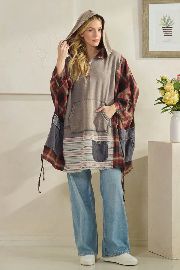 Oli & Hali Washed Mixed Fabric Half Zip Hooded Pullover Top Dolphin