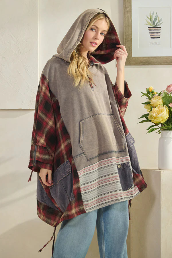 Oli & Hali Washed Mixed Fabric Half Zip Hooded Pullover Top Dolphin