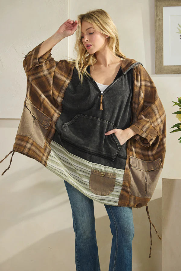 Oli & Hali Washed Mixed Fabric Half Zip Hooded Pullover Top Black