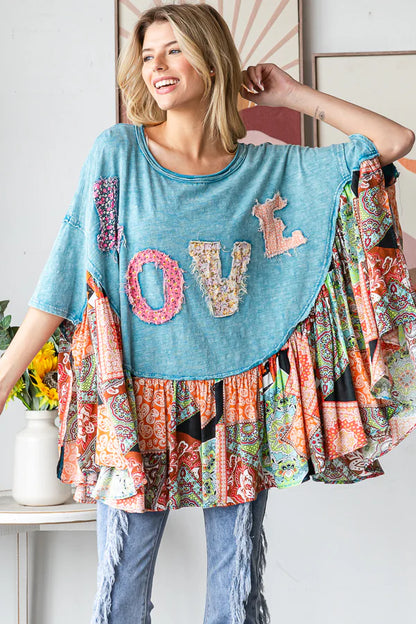 Round Neck Love Patchwork Ruffle Hem Top Oli & Hali Blue