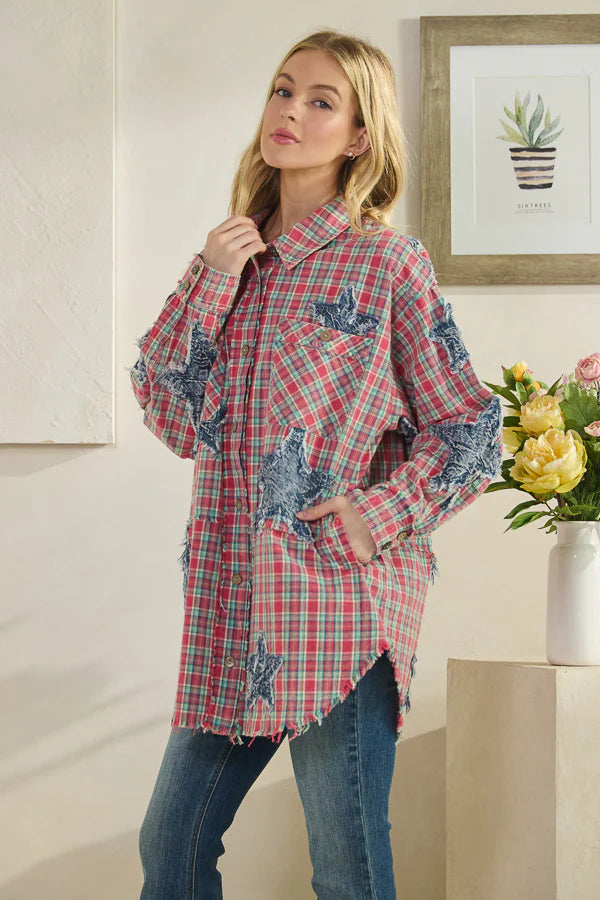 Oli & Hali Red Plaid Star Patch Button Down Top