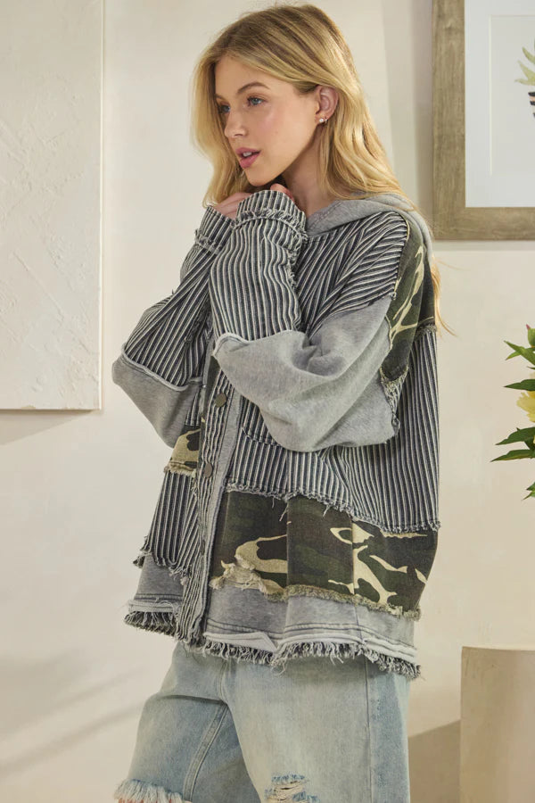Stripe Hooded Button Down Jacket Grey Camo