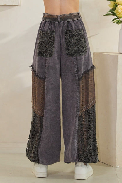 Mixed Fabric Belted Jogger Pants Oli & Hali Black