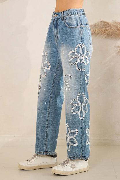 Oli & Hali White Floral Embroidered Straight Jeans