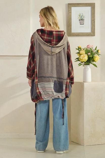 Oli & Hali Washed Mixed Fabric Half Zip Hooded Pullover Top Dolphin