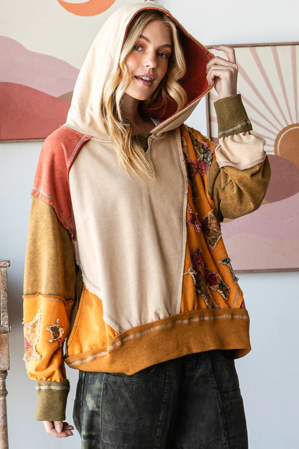 Colorblock Patchwork Hooded Pullover Top Camel