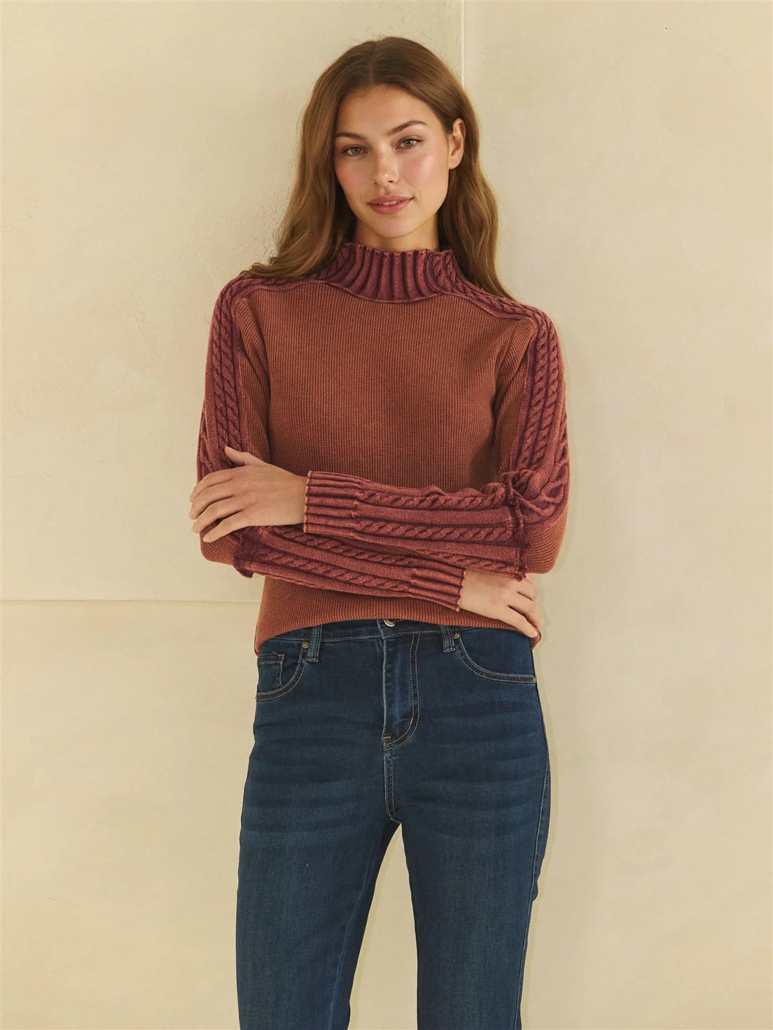 Oli & Hali Washed Raisin Ribbed Mock Neck Sweater Top