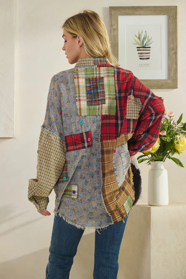 Oli & Hali Colorblock Patchwork Plaid Button Down Shirt Red