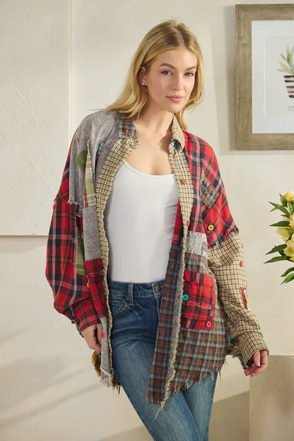Oli & Hali Colorblock Patchwork Plaid Button Down Shirt Red