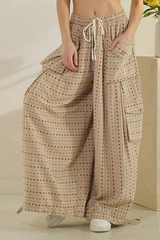 Tan 3D Pocket Flower Pattern Wide Leg Pants Oli & Hali