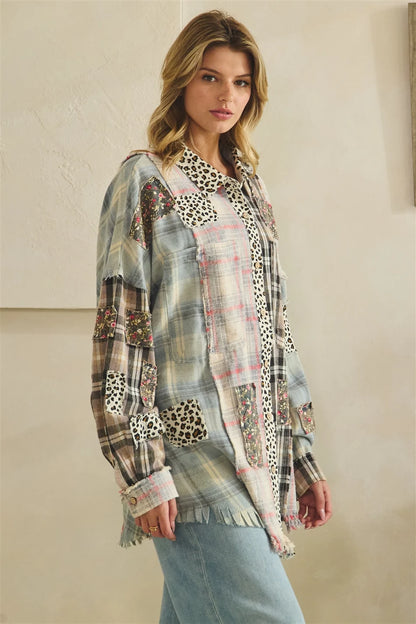 Oli & Hali Black Leopard Plaid Patch Button Down Top