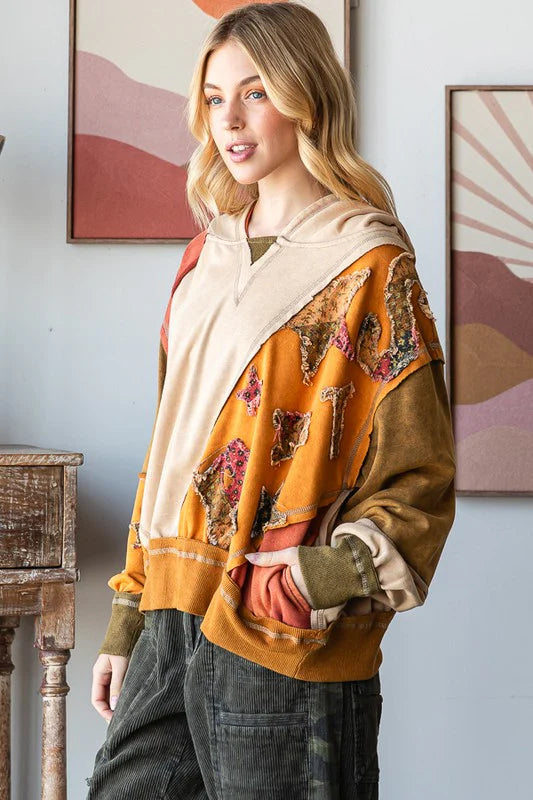 Colorblock Patchwork Hooded Pullover Top Camel