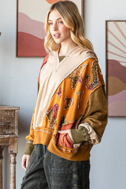 Colorblock Patchwork Hooded Pullover Top Camel
