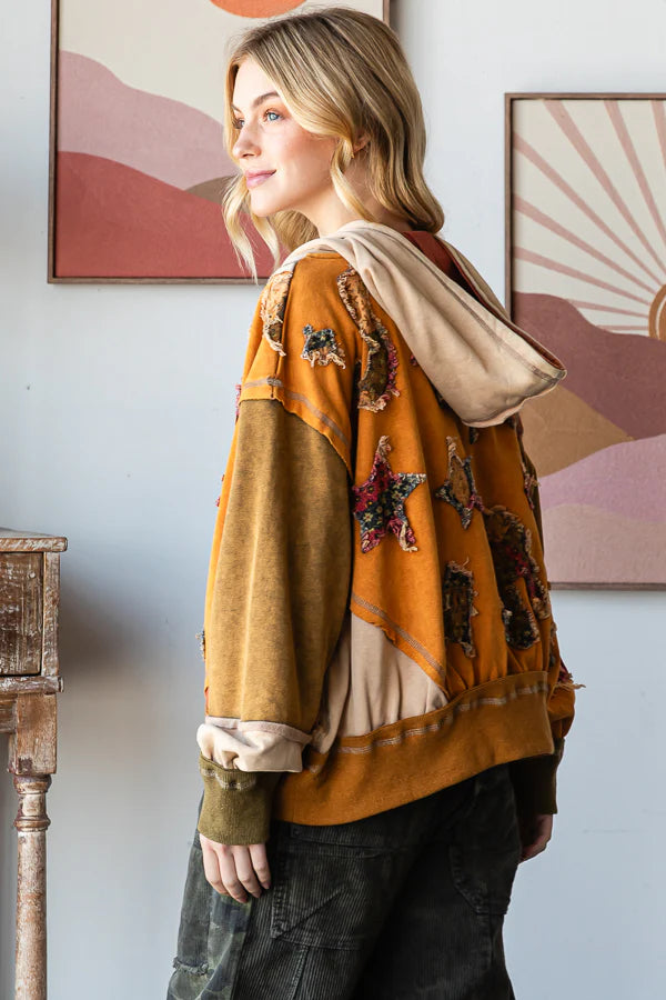 Colorblock Patchwork Hooded Pullover Top Camel