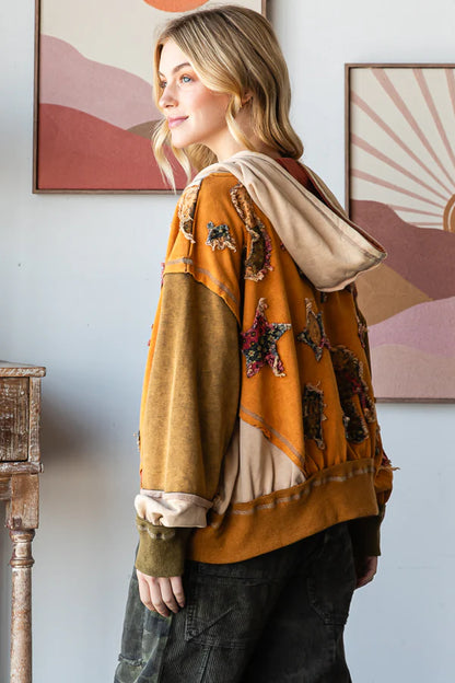 Colorblock Patchwork Hooded Pullover Top Camel