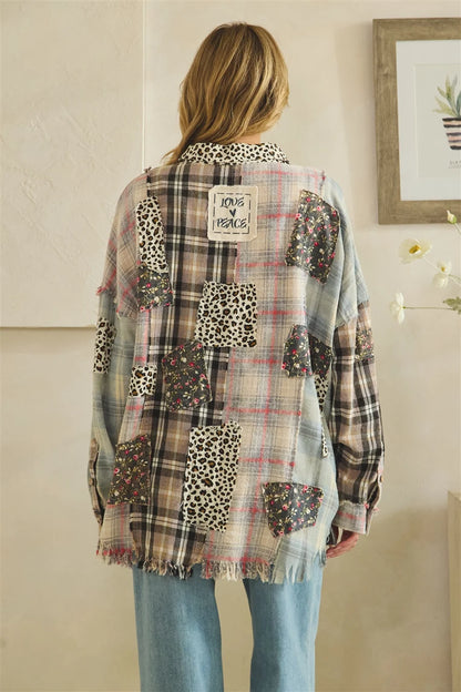Oli & Hali Black Leopard Plaid Patch Button Down Top