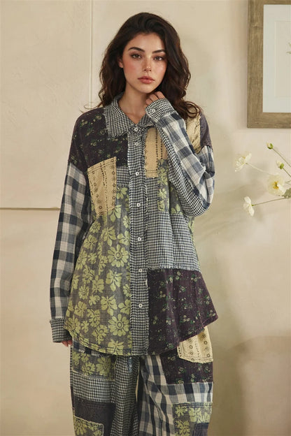 Oli & Hali Navy Plaid Patchwork Button Down Top