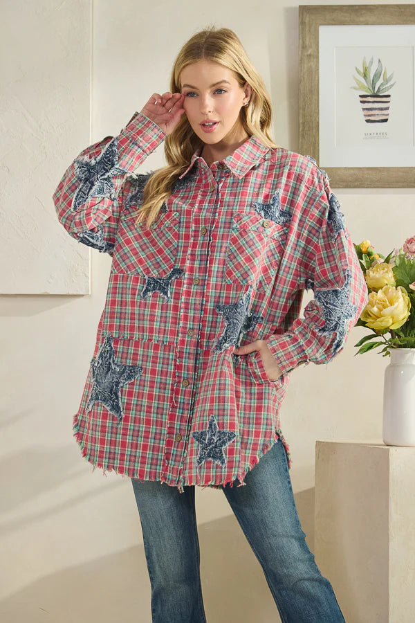 Oli & Hali Red Plaid Star Patch Button Down Top