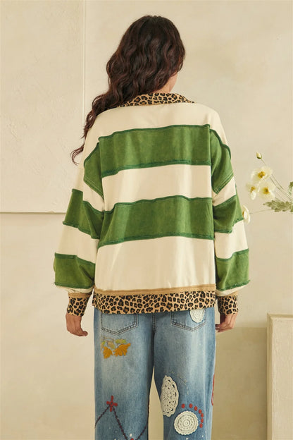Oli & Hali Green Leopard Stripe Lace Up Top
