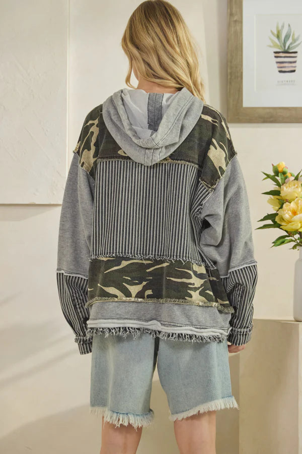 Stripe Hooded Button Down Jacket Grey Camo