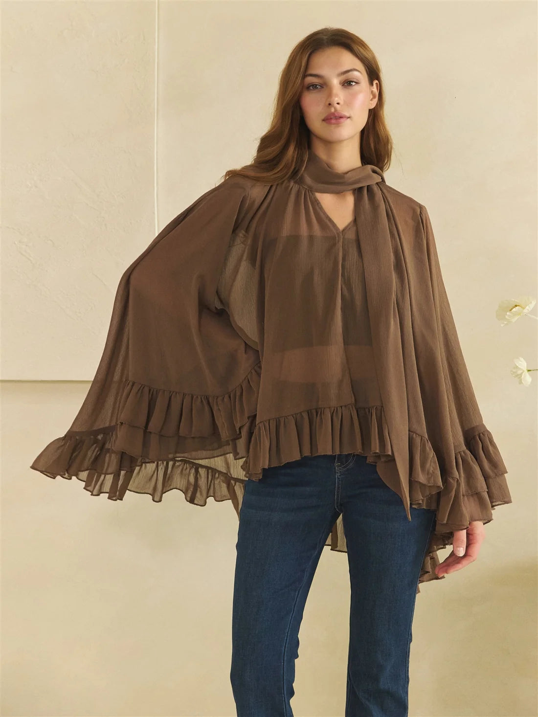 Oli & Hali Brown Sheer Tie Neck Ruffle Top