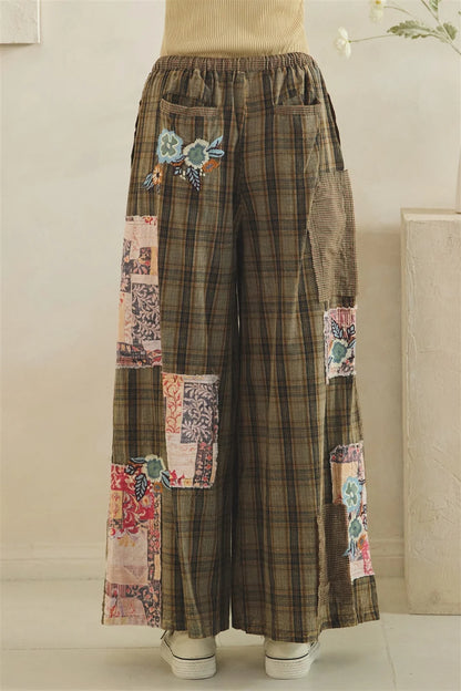 Oli & Hali Olive Plaid Floral Patch Pants